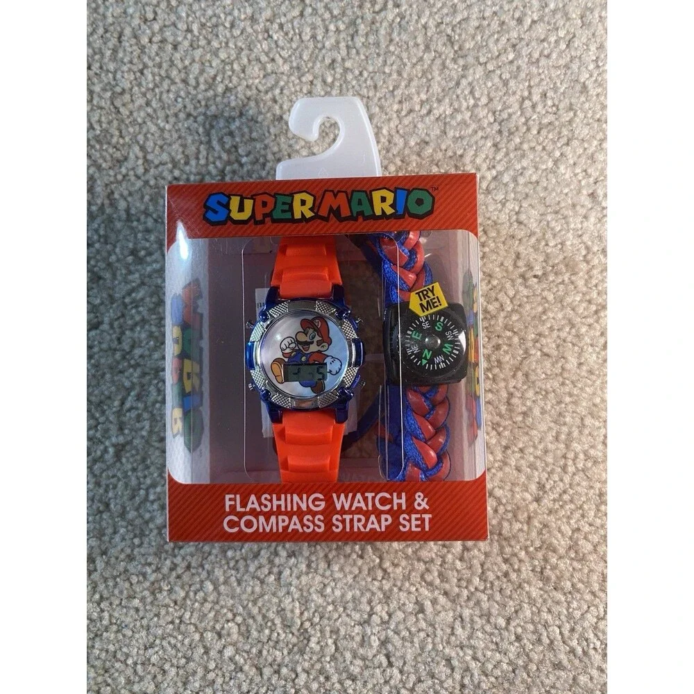 Super Mario Flashing LCD Digital Watch & Compass Strap Set Nintendo Accutime New